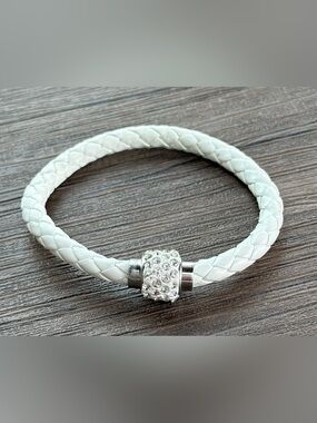 Brighton White Braided Leather Crystal Clasp Bracelet